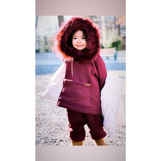 Unisex Bordo Kürk Yaka Alt Üst Takım