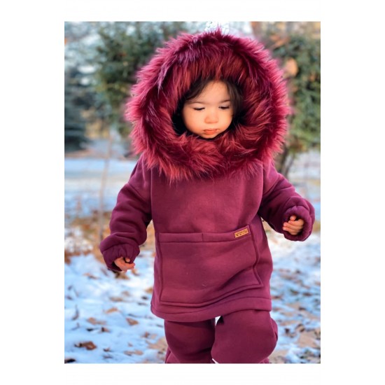 Unisex Bordo Kürk Yaka Alt Üst Takım